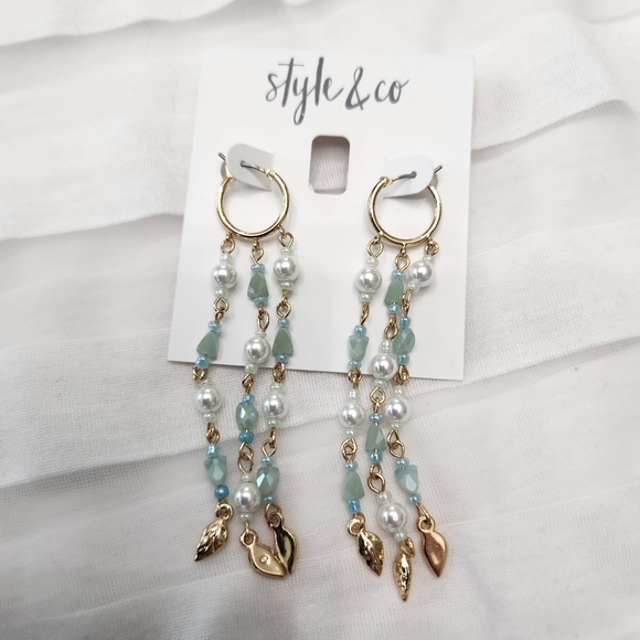 Style and Company Shaky Bead & Imitation Pearl Chain Charm Hoop Earrings - Picture 2 of 4